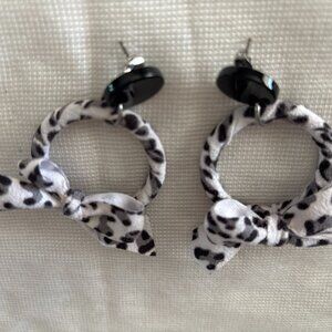 Leopard Bow Hoop Stud Earrings – Black & White Fabric Hoops | Costume Jewelry